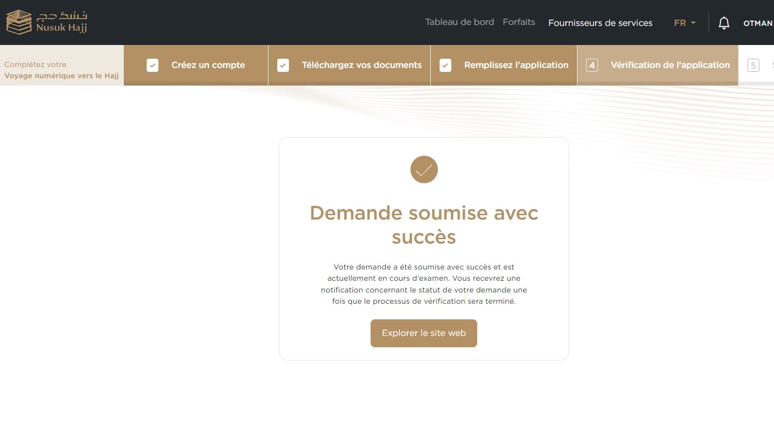 Demande envoyée et vérification des documents pour le Hajj sur Nusuk.